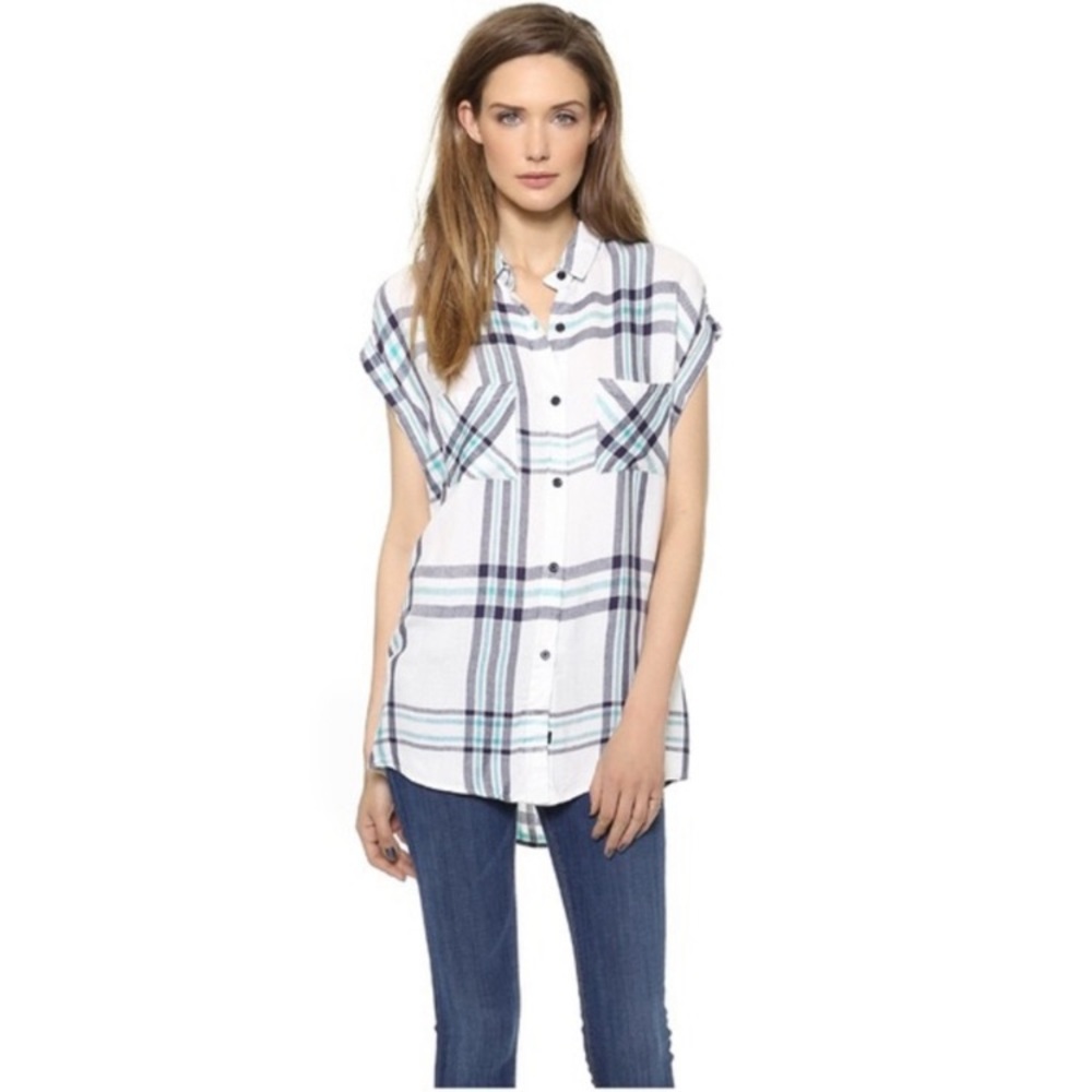 Rails Britt Plaid Button Down Cap Sleeve Shirt White Navy Mint Women’s Sz Medium